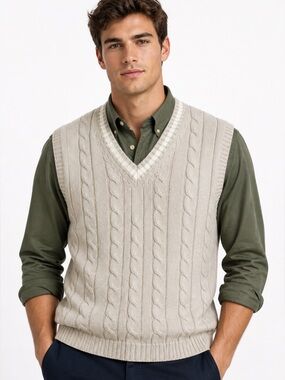 Vintage Men's Beige Cable Knit Sweater Vest